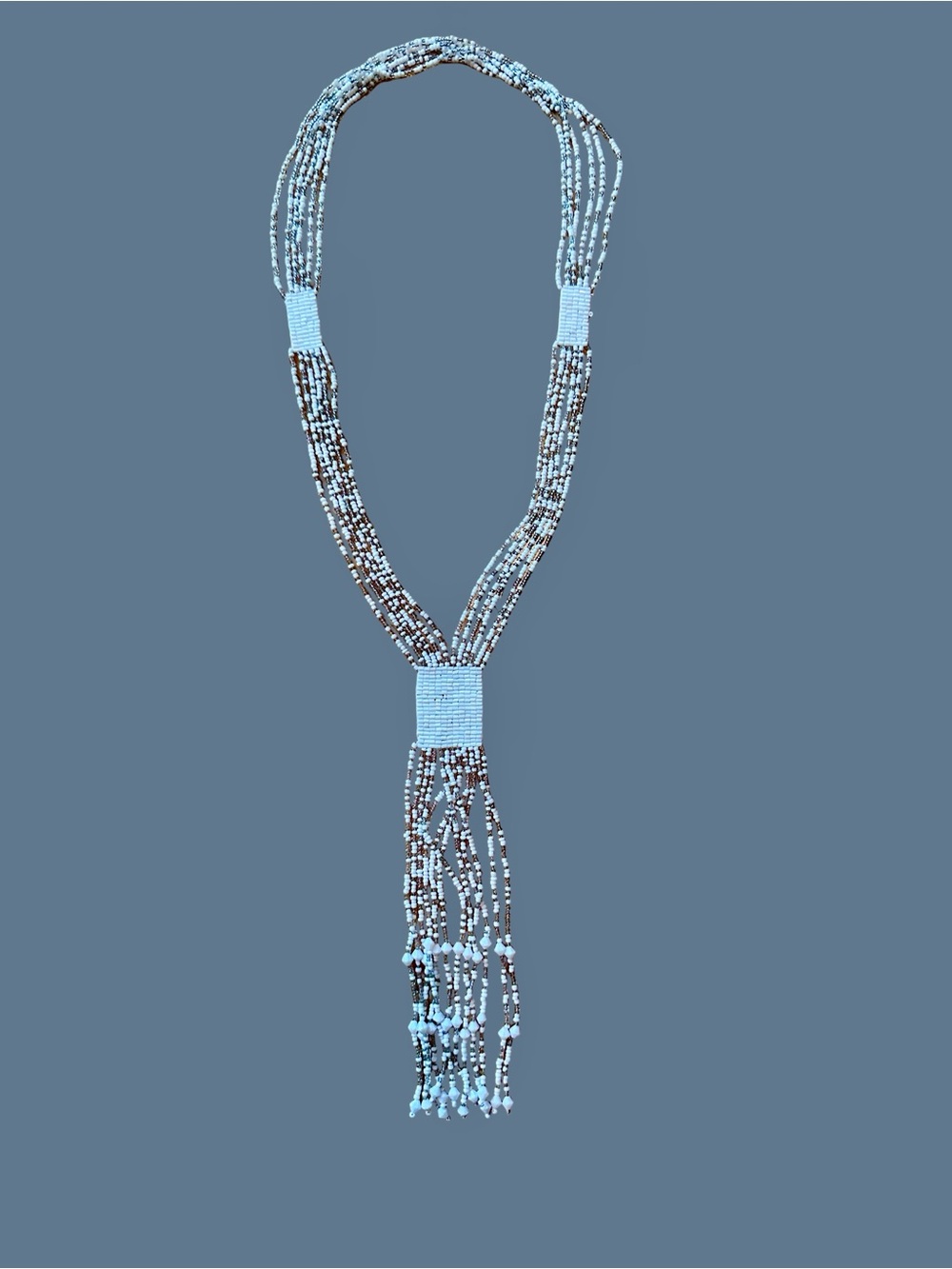 Handmade White & Silver Beaded Tassel Necklace